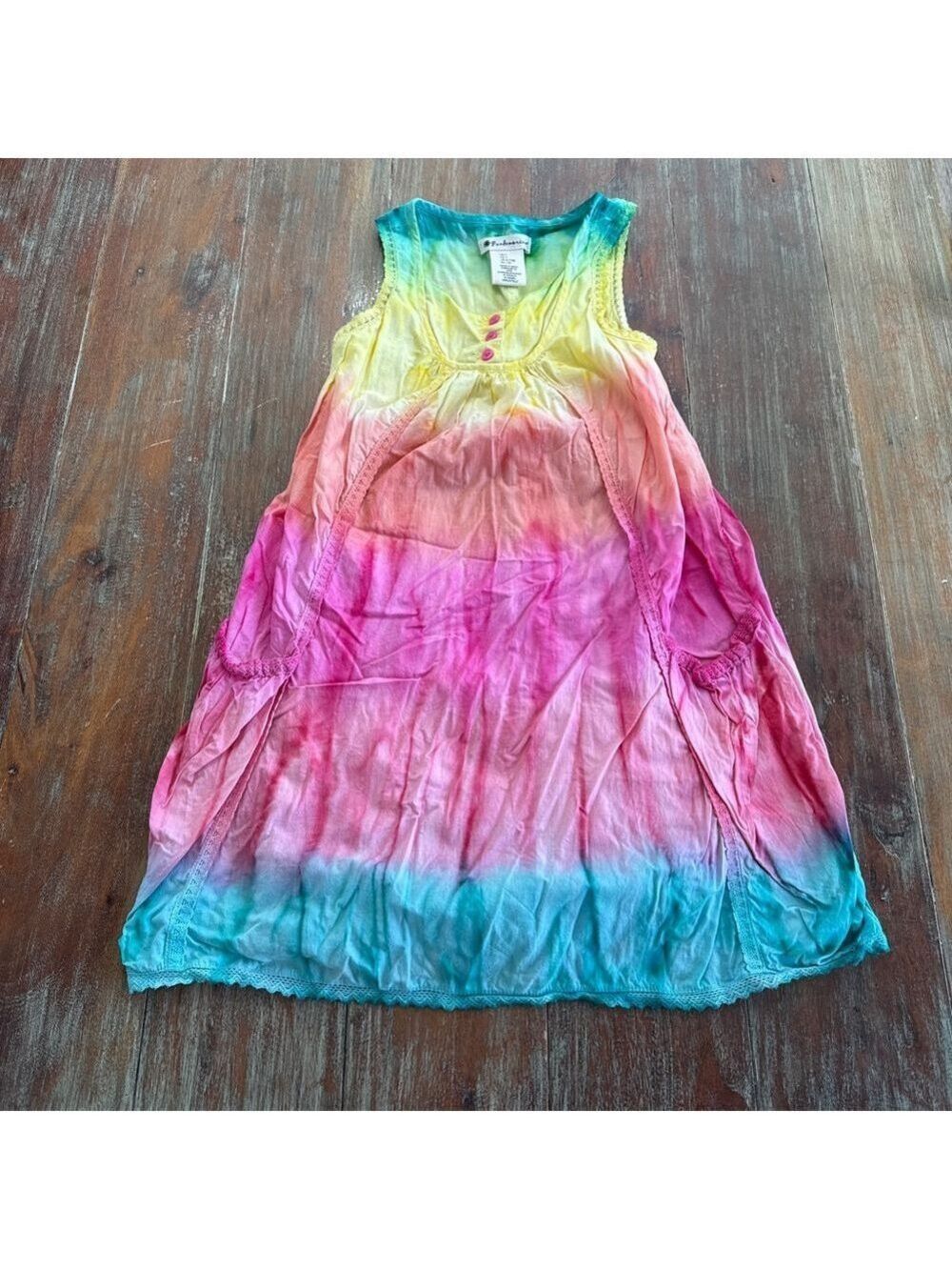 Pandemonium Sundress Size 7 Tie Dye Pink Yellow Blue Rainbow